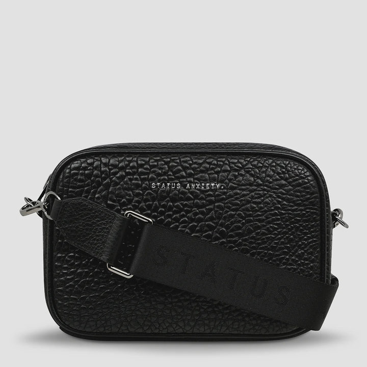 STATUS ANXIETY Womens Plunder Cross Body Leather Bag with Webbed Strap - Black Bubble Leather, WOMENS BAGS & CLUTCHES, STATUS ANXIETY, Elwood 101