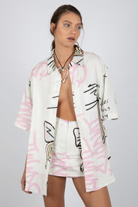 SUMMI SUMMI Womens Big Shirt  Linen - Graffiti Butterfly White, WOMENS TOPS & SHIRTS, SUMMI SUMMI, Elwood 101