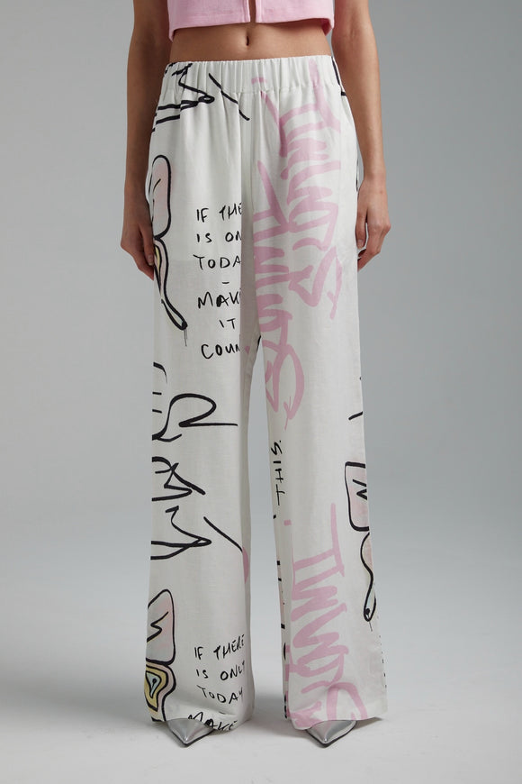 SUMMI SUMMI Womens Linen Pants - Graffiti Butterfly White, WOMENS PANTS, SUMMI SUMMI, Elwood 101