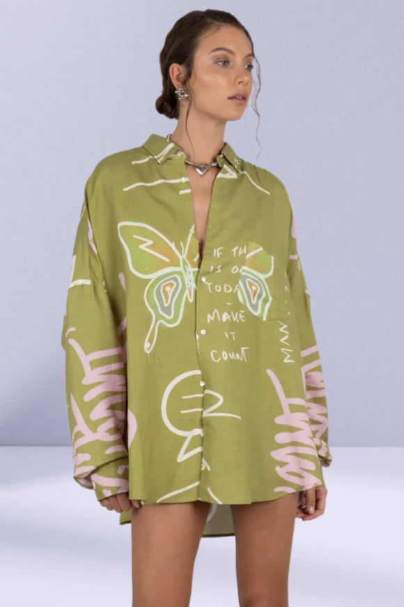 SUMMI SUMMI Womens Oversized Linen Long Sleeve Shirt - Graffiti Butterfly Khaki, WOMENS TOPS & SHIRTS, SUMMI SUMMI, Elwood 101